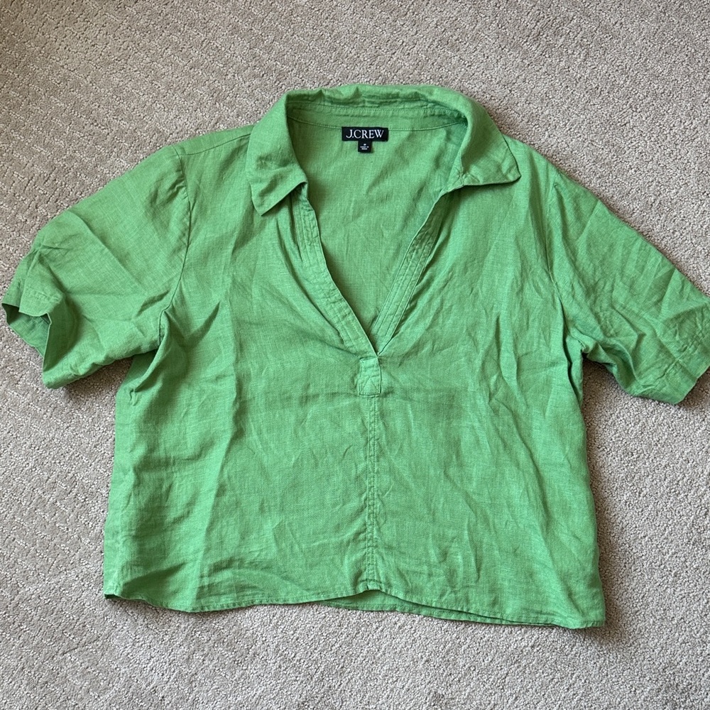 J.Crew cropped  Green Linen Short Sleeve Popover